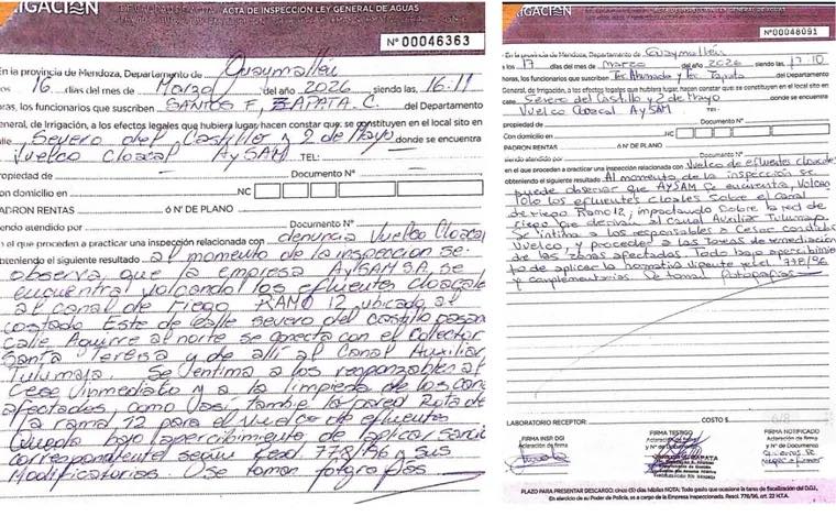 Actas de inspección de Irrigación N° 00046363 y N° 00048091 del 16 y 17 de marzo de 2026 — prueba del vuelco cloacal de AYSAM al Ramo 12 en Los Corralitos
