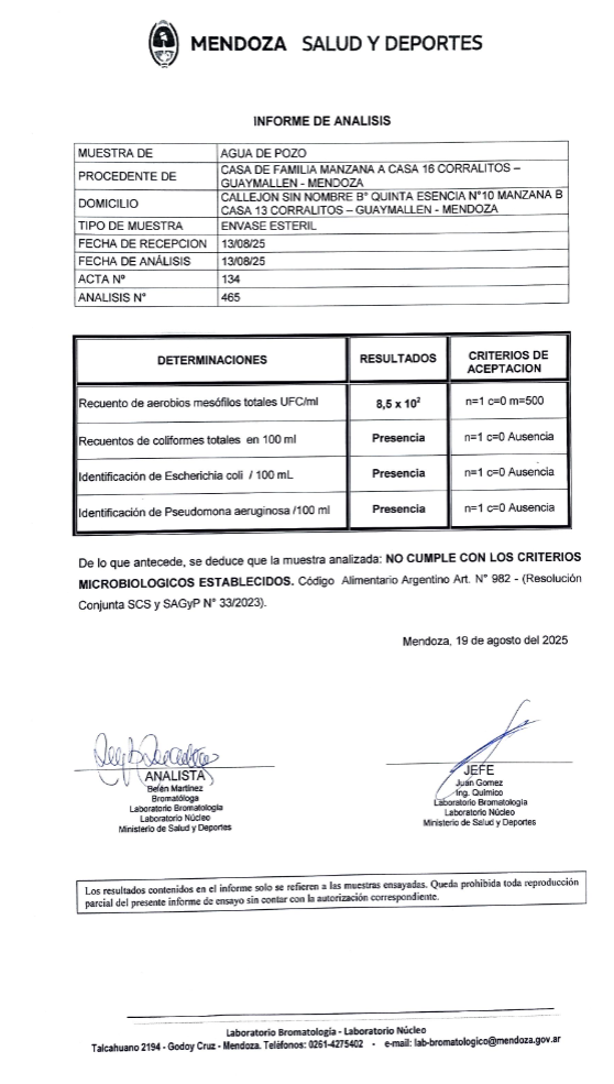 Informe oficial del Laboratorio Bromatología del Ministerio de Salud de Mendoza confirmando presencia de Escherichia coli y Pseudomonas aeruginosa en agua de pozo de Los Corralitos