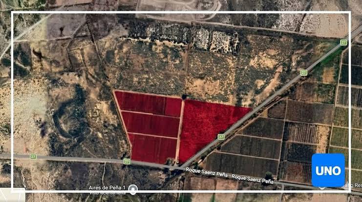 Imagen satelital del predio receptor de efluentes cloacales en Puente de Hierro, casi en el límite con Lavalle — 56 hectáreas marcadas en rojo destinadas al trasvase de cloacas según el convenio AYSAM-Irrigación-Ambiente-Guaymallén
