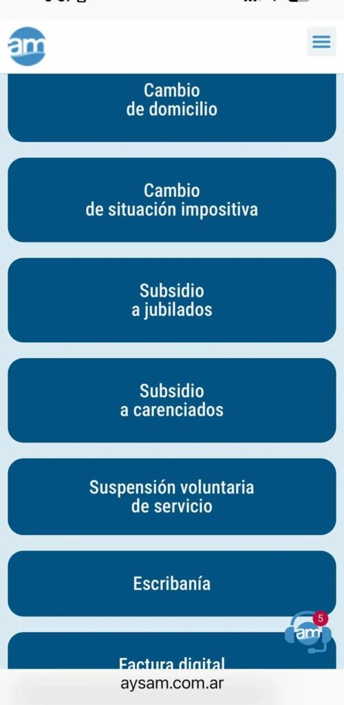 Pantalla de trámites en AYSAM con subsidios para jubilados y carenciados