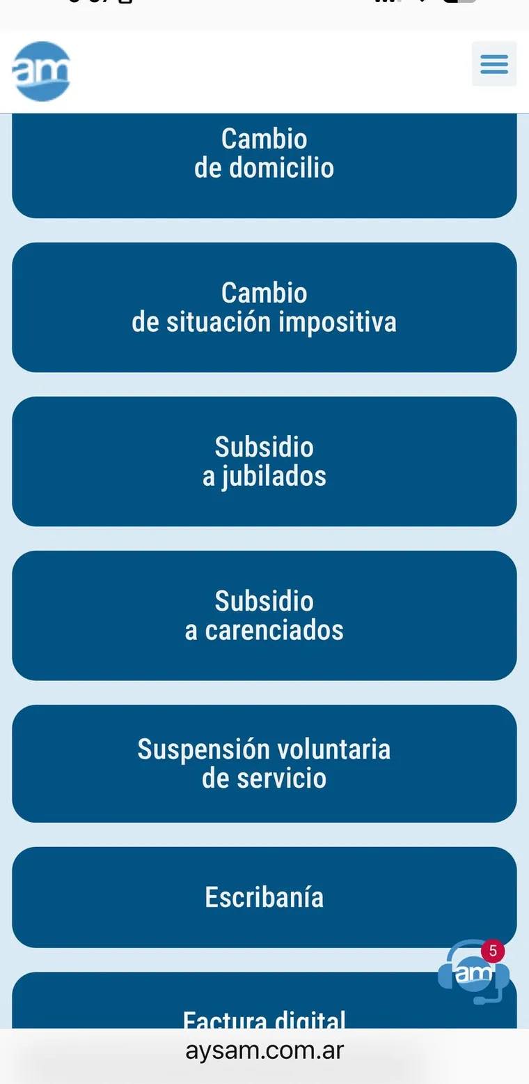 Pantalla de trámites en AYSAM con subsidios para jubilados y carenciados