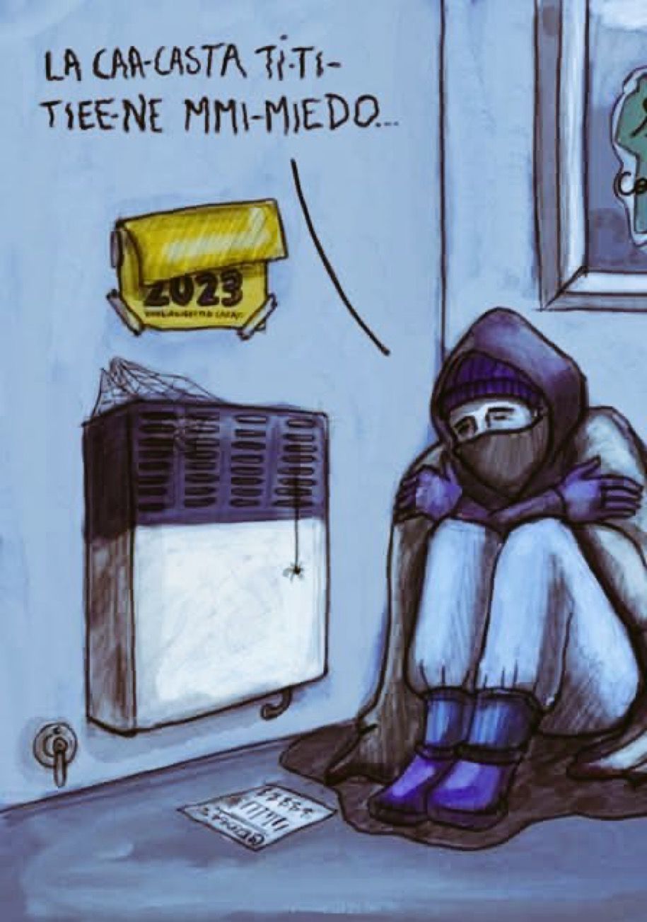 Caricatura: La casta tiene miedo — persona temblando frente a estufa apagada con factura de gas, ilustrando el recorte del subsidio Zona Fría en Mendoza