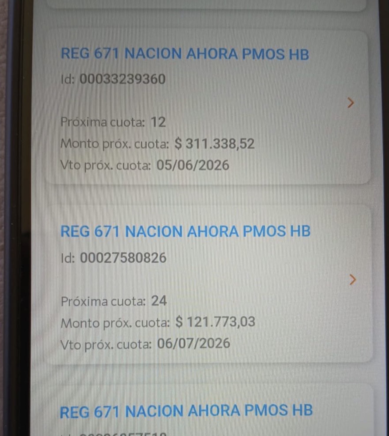 Cuatro préstamos REG 671 Banco Nación con débito automático en cuenta sueldo