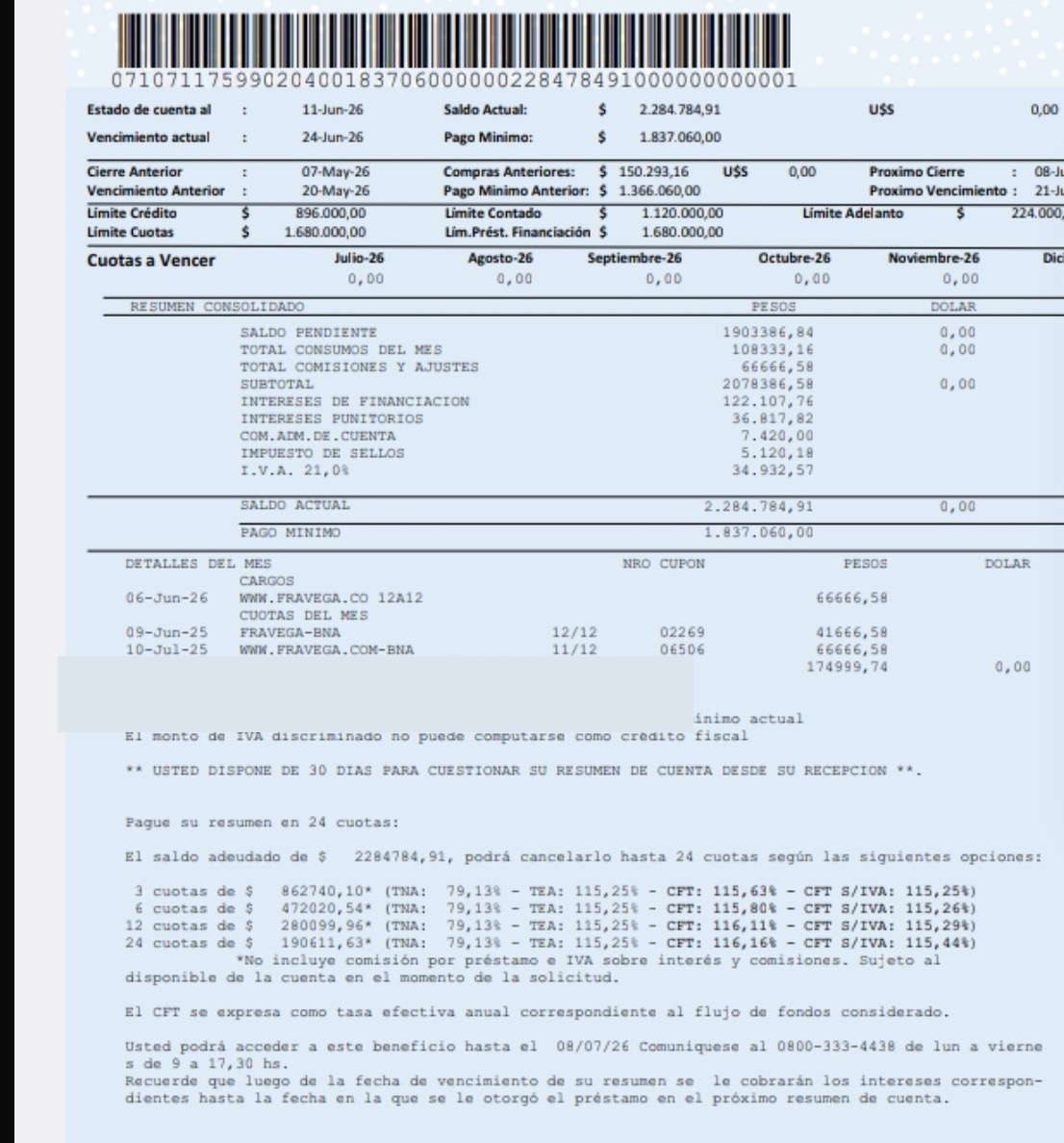 Resumen tarjeta Banco Nación con tasas e intereses elevados