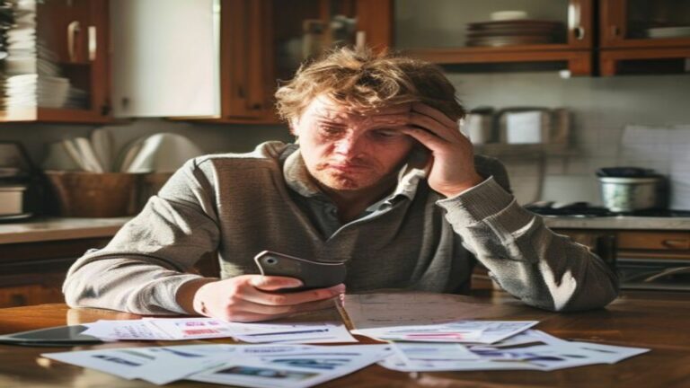 Persona angustiada con cartas de cobranza y telefono con llamadas perdidas sobre la mesa