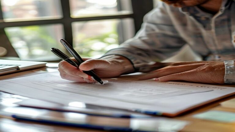 Persona firmando un contrato de refinanciacion bancaria con documentos sobre el escritorio