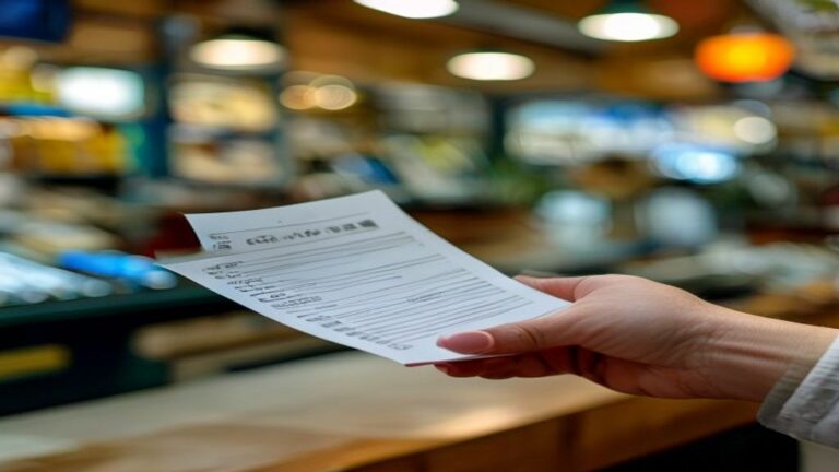 Mano sosteniendo un ticket de comercio en un negocio argentino