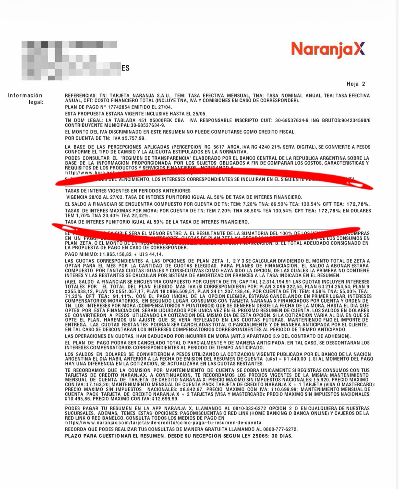 Resumen oficial Naranja X con tasas marcadas: CFT 172,78%