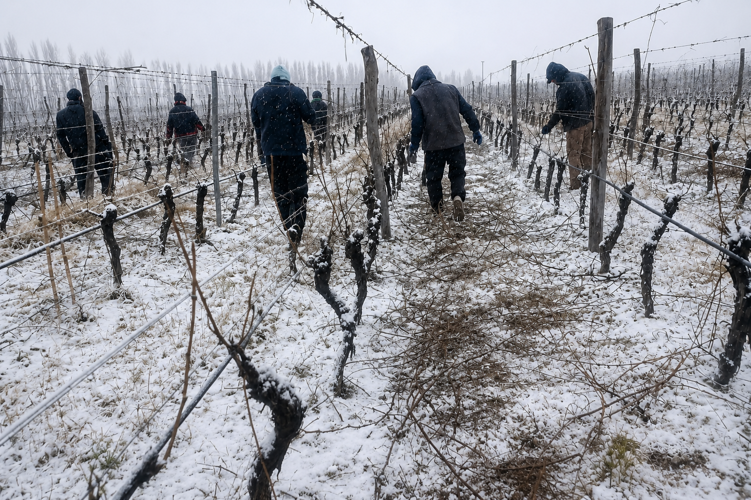 Podar la viña bajo la nieve: un día de trabajo no paga ni una garrafa