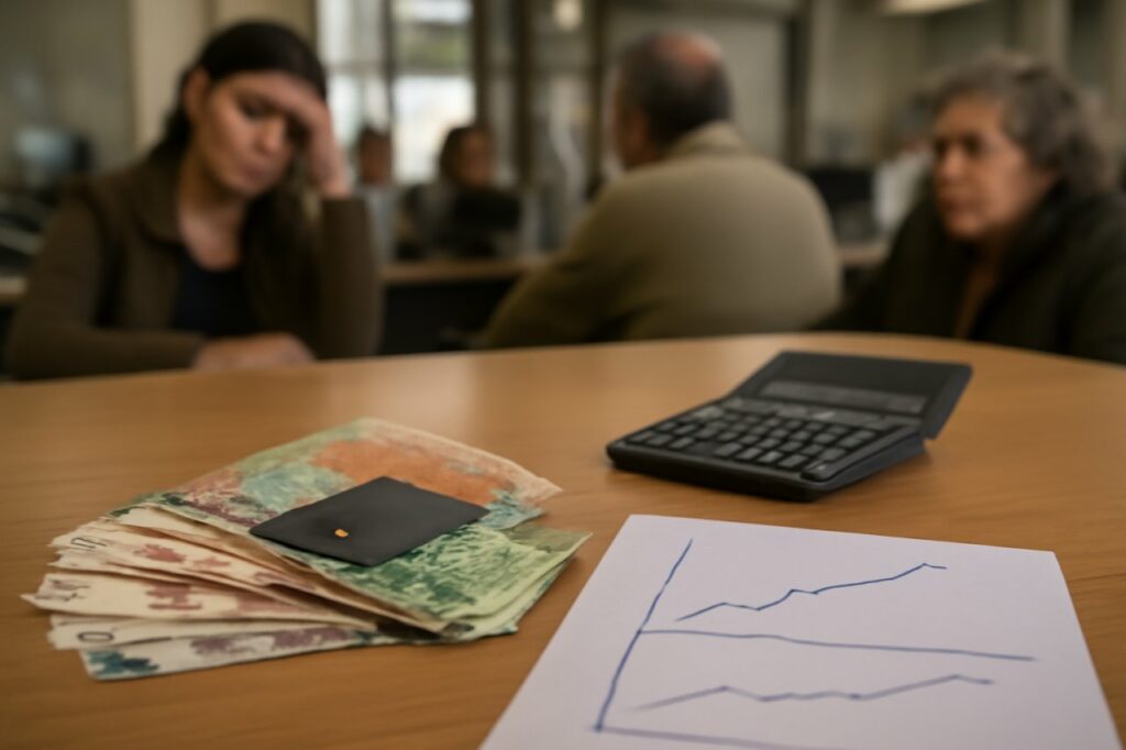Tarjeta de crédito, pesos y calculadora sobre un escritorio