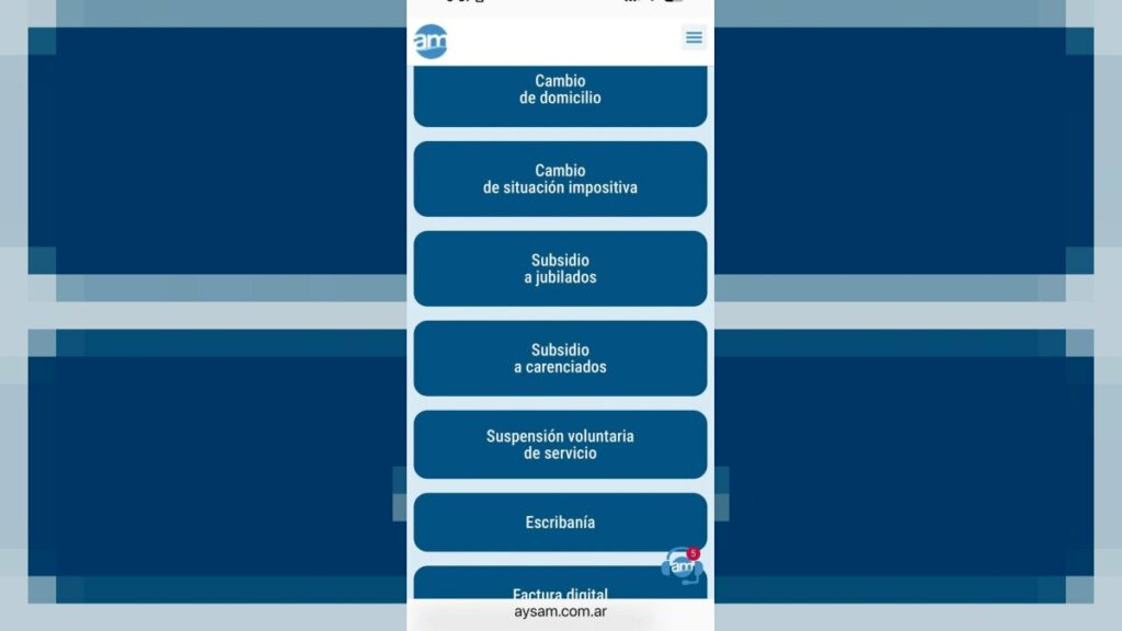Pantalla de trámites en AYSAM con subsidios para jubilados y carenciados