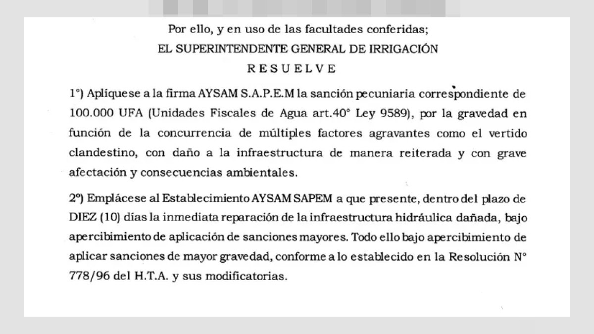 Resolución 481 del Departamento General de Irrigación: aplica a AYSAM la sanción pecuniaria máxima de 100.000 UFA por vertido clandestino y daño ambiental, conforme Ley 9589