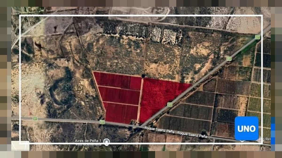 Imagen satelital del predio receptor de efluentes cloacales en Puente de Hierro, casi en el límite con Lavalle — 56 hectáreas marcadas en rojo destinadas al trasvase de cloacas según el convenio AYSAM-Irrigación-Ambiente-Guaymallén