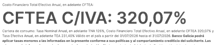 Web oficial de Banco Galicia julio 2026: CFTEA con IVA 320,07% para adelanto de sueldo, TNA 126%