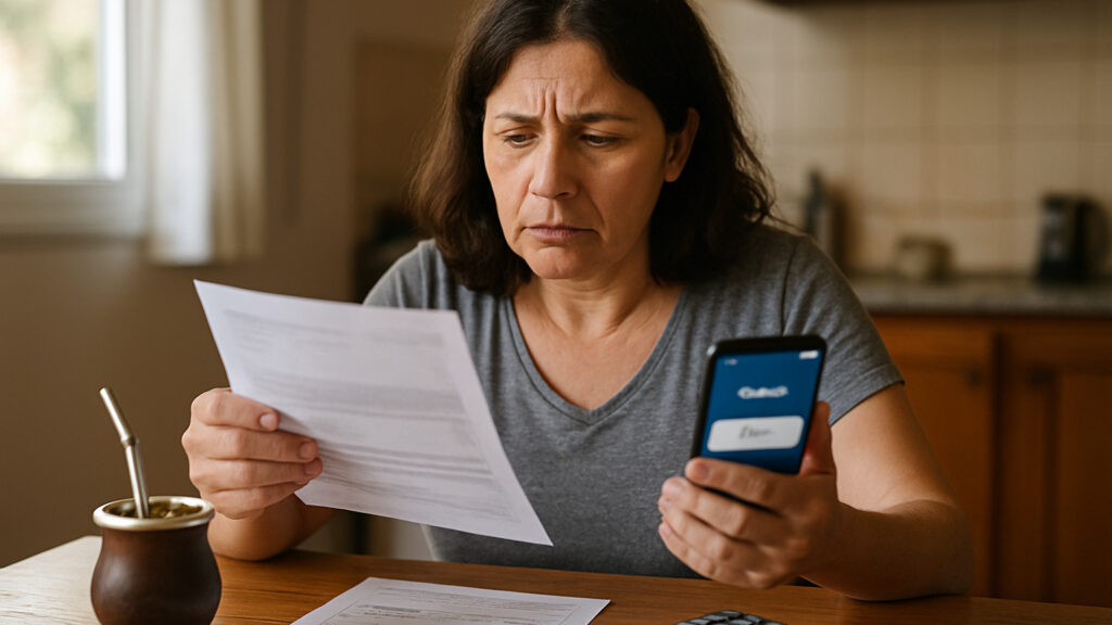 Mujer revisando el resumen bancario y la app del banco en la cocina de su casa, preocupada por los débitos automáticos