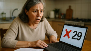 Mujer de mas de 50 anos revisa su historia laboral en la computadora y descubre que le faltan anos de aportes para jubilarse